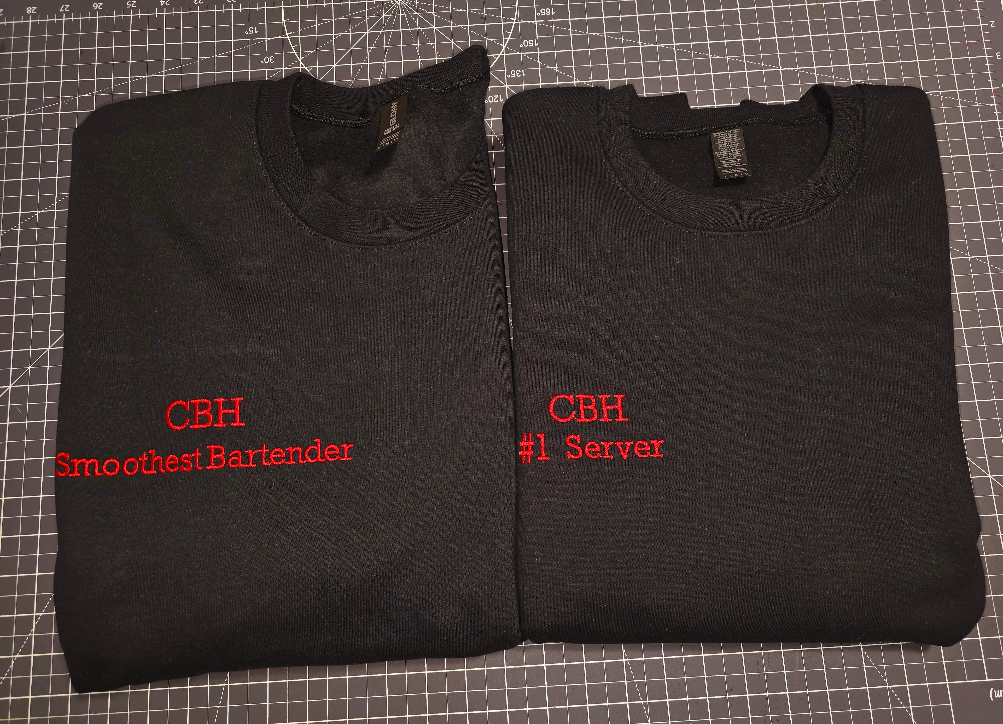 Custom Embroidered text on garments, custom text size & placements