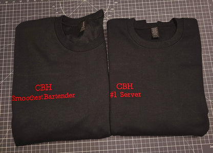 Custom Embroidered text on garments, custom text size & placements