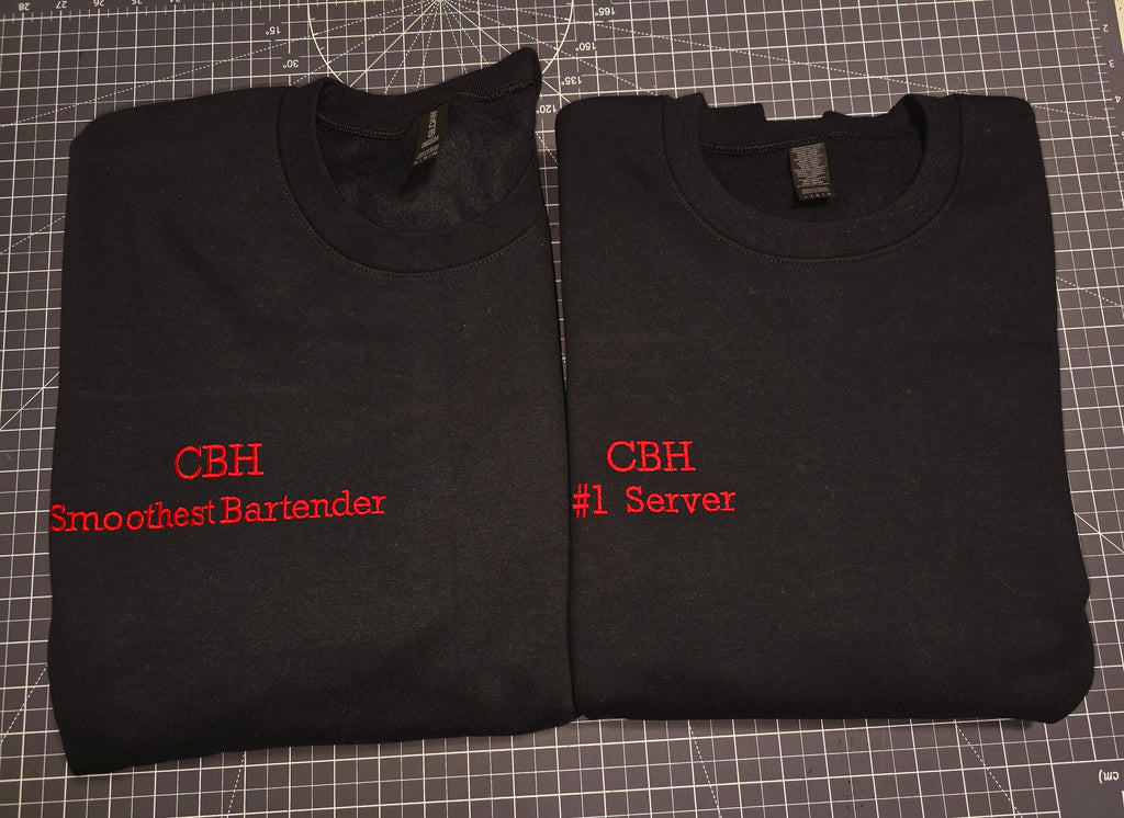 Custom Embroidered text on garments, custom text size & placements