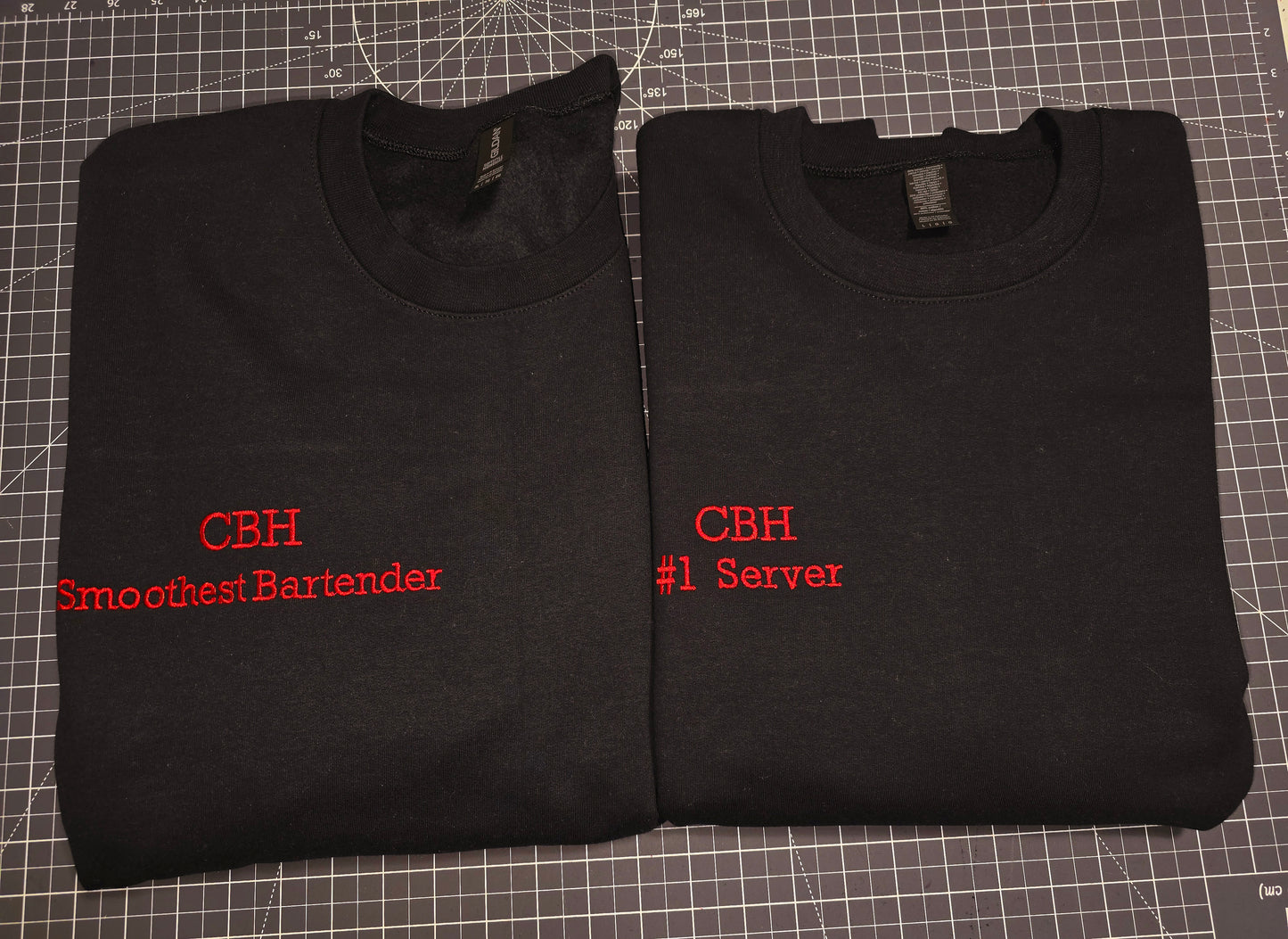 Custom Embroidered text on garments, custom text size & placements