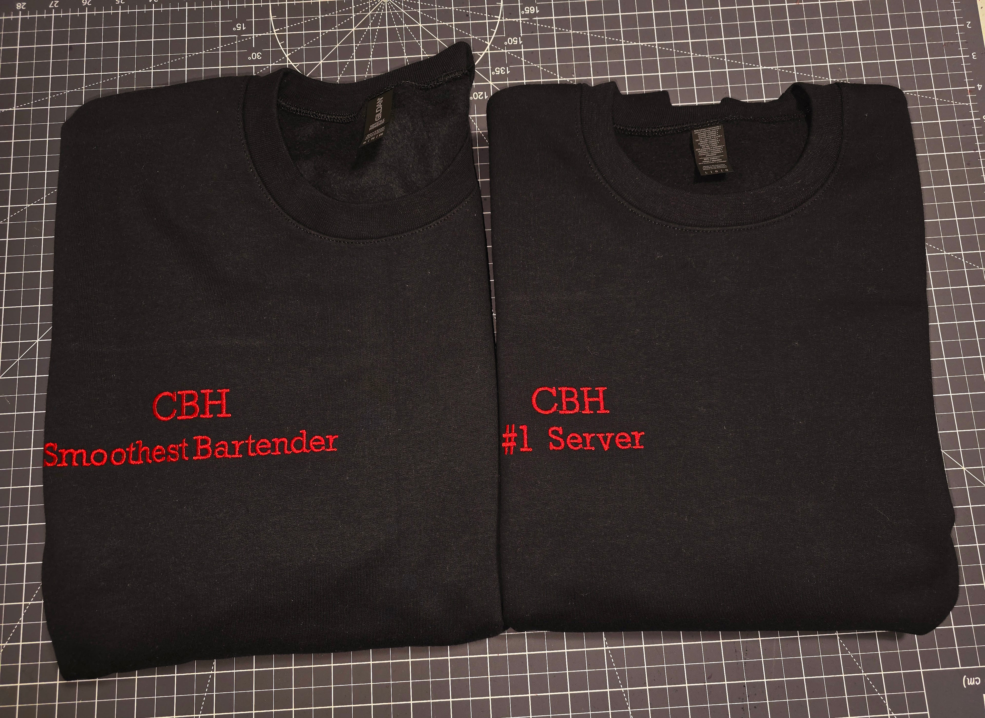 Custom Embroidered text on garments, custom text size & placements