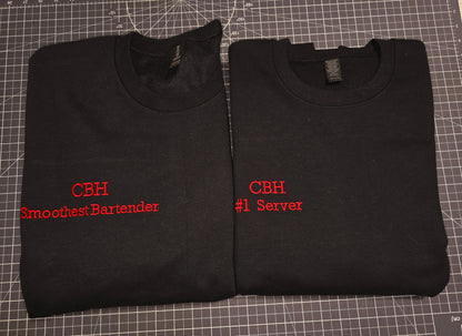 Custom Embroidered text on garments, custom text size & placements